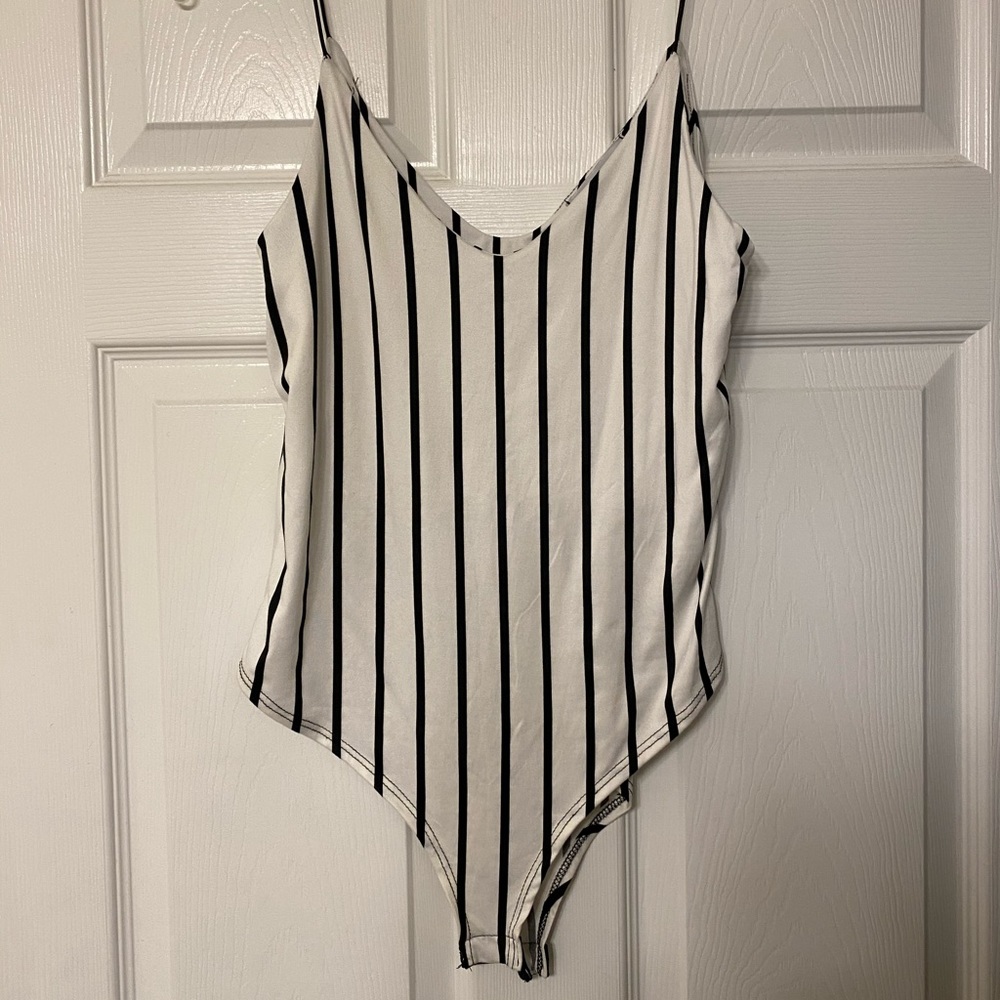 Black and white stripe body suit